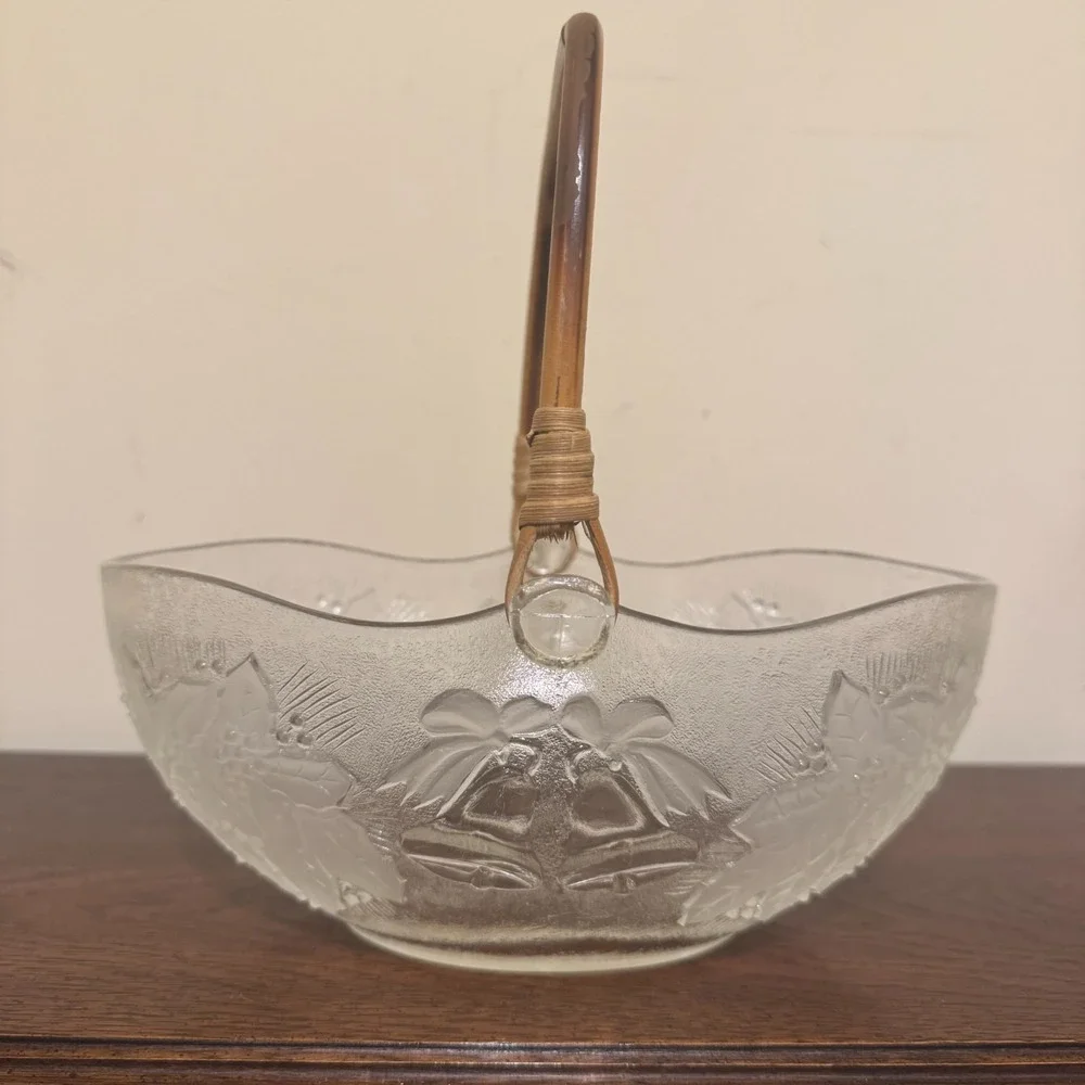 Vtg Frosted Clear Glass Holiday Basket Holly Berry Christmas Bells Woven Handle